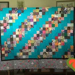 Exquisite Asian Inspired Fabrics Modern Bed Sized Quilt. Aqua Background. Handmade One of A Kind Quilt. Measures 75" x 97".