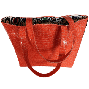 Gorgeous Designer Travel Tote Bag. Crocodile Faux Embossed Orange Leather. Magnetic Snap Closure. Eight Pockets. One of a Kind.