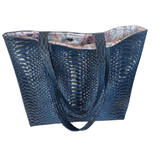 Gorgeous Designer Faux Gator Leather Travel Tote Bag. Vibrant Blue Color. NYC Skyline. Magnetic Snap Closure. Eight Pockets. One of a Kind.