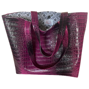 Gorgeous Designer Crocodile Faux Leather Bag in Glossy Dragon Purple. Magnetic Snap Closure. Eight Pockets. One of a Kind.