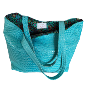 Gorgeous Designer Faux 3D Embossed Gator Leather Travel Tote Bag. Fiji Turquoise Color. Magnetic Snap Closure. Eight Pockets. One of a Kind.