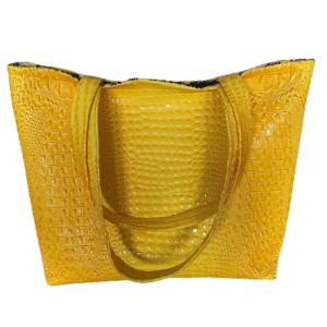Gorgeous Designer Faux 3D Embossed Gator Leather Travel Tote Bag. Reptile Yellow Color. Magnetic Snap Closure. Eight Pockets. One of a Kind.
