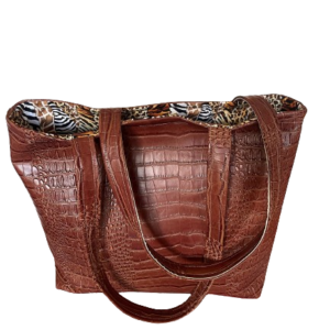 Gorgeous Designer Crocodile Faux Leather Bag in Penny Brown. Magnetic Snap Closure. Eight Pockets. One of a Kind.